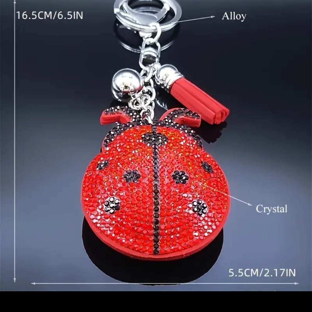 Ladybug Rhinestone Purse Charm Silver with Tassel - Picture 4 of 5